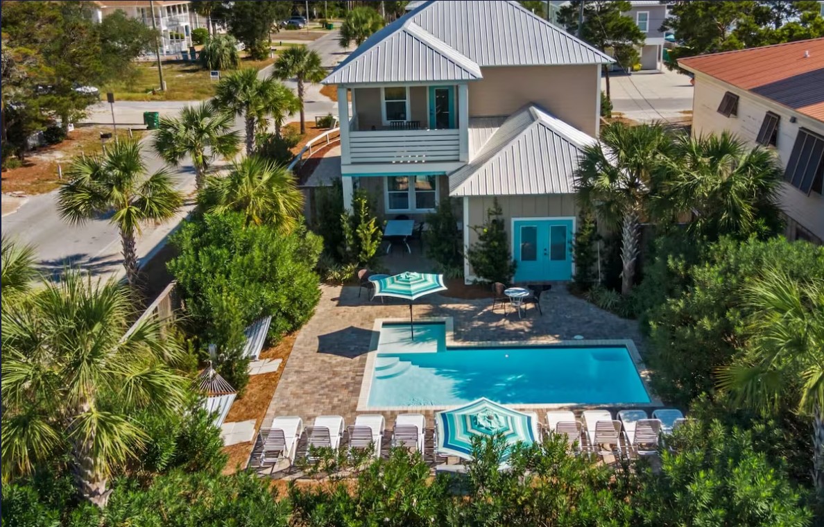 Luxury home exterior with private pool and golf cart